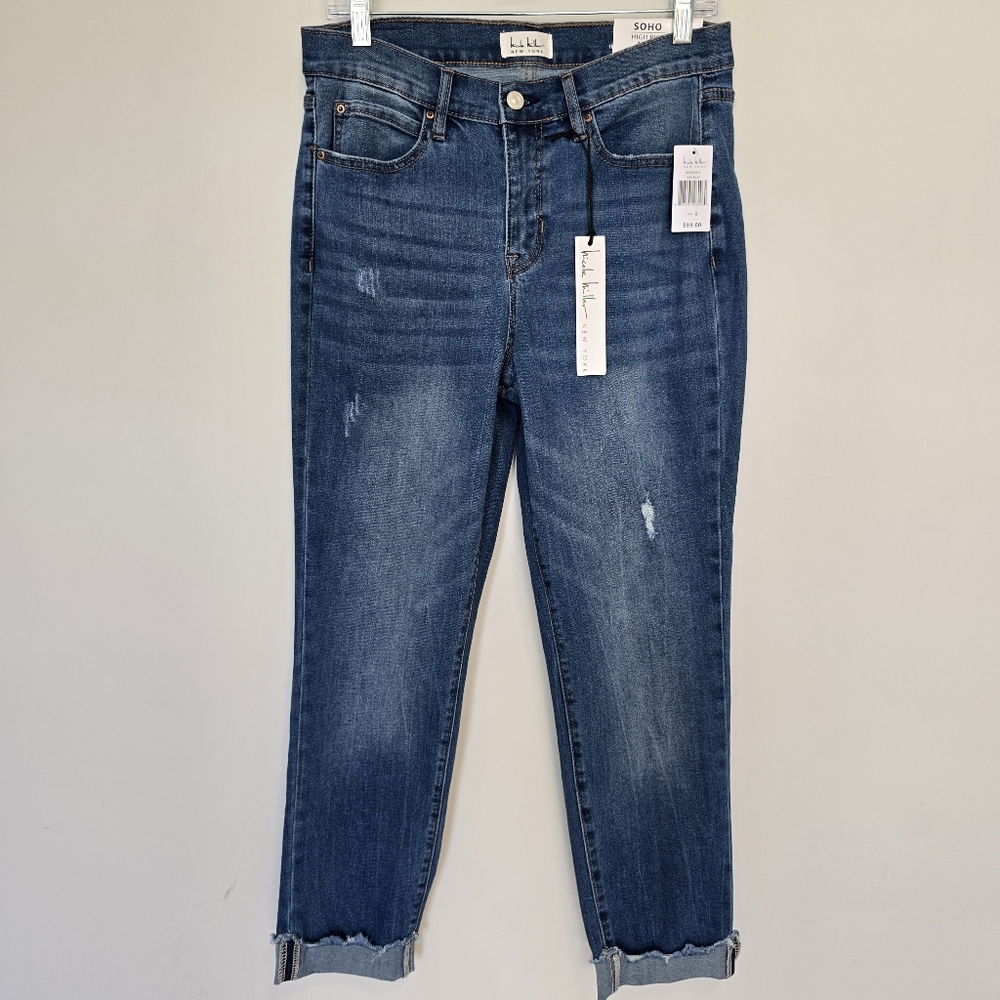 Nicole Miller Soho High Rise Ankle Slim Jeans 8 NWT Distressed Cuffed Hem